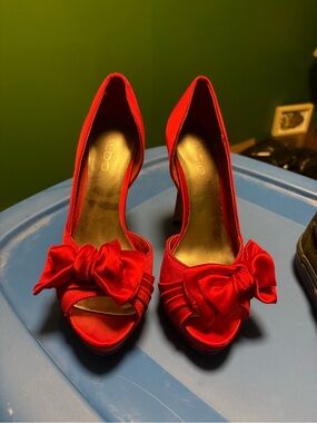 ALDO Red Satin Peep-Toe Heels with Decorative Bow